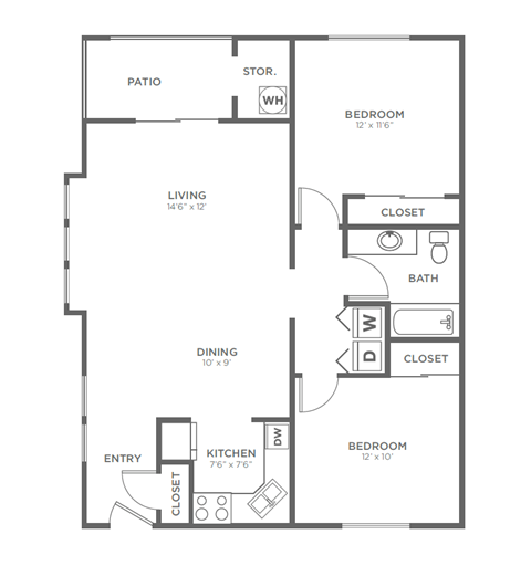 Floor plan for 2 beds, 1 bath, 928 sqft